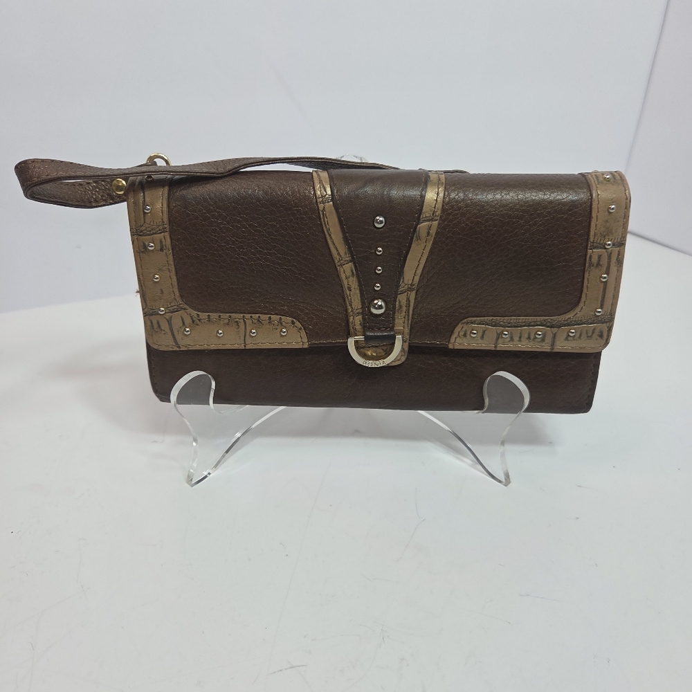 vintage bonia brown croc embossed leather trim clutch wristlet wallet